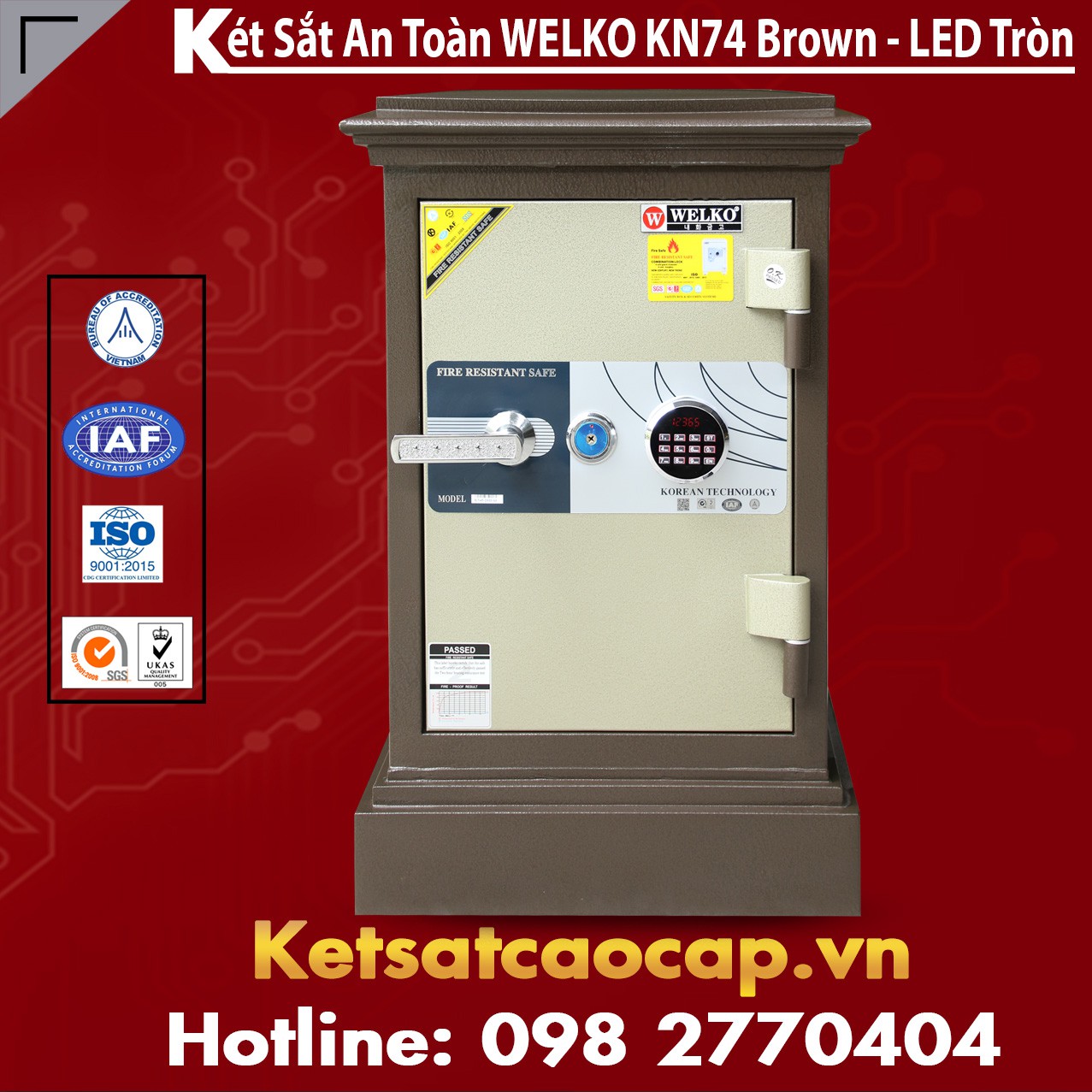Két Bạc Vân Tay WELKO KN74 Brown - LED Tròn